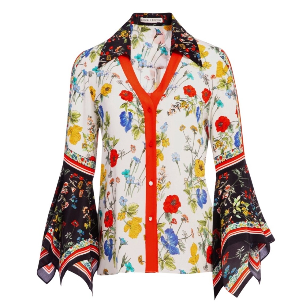 Alice + Olivia Willa Bell Sleeve Top Womens S White Floral Silk Trim $295
